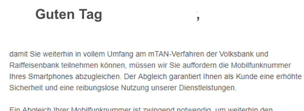 Phishing Mail Sicheres Online Banking Volksbank Emmerich Rees Eg